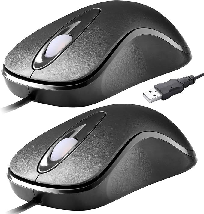 2pack Classic Wired Office Mouse Ergonomic USB Optical 3-Button 1000 DPI Comfortable Durable for Windows Mac Laptop Desktop Black