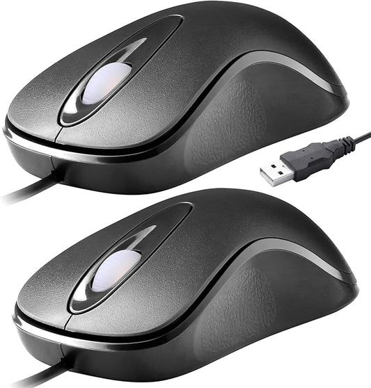 2pack Classic Wired Office Mouse Ergonomic USB Optical 3-Button 1000 DPI Comfortable Durable for Windows Mac Laptop Desktop Black
