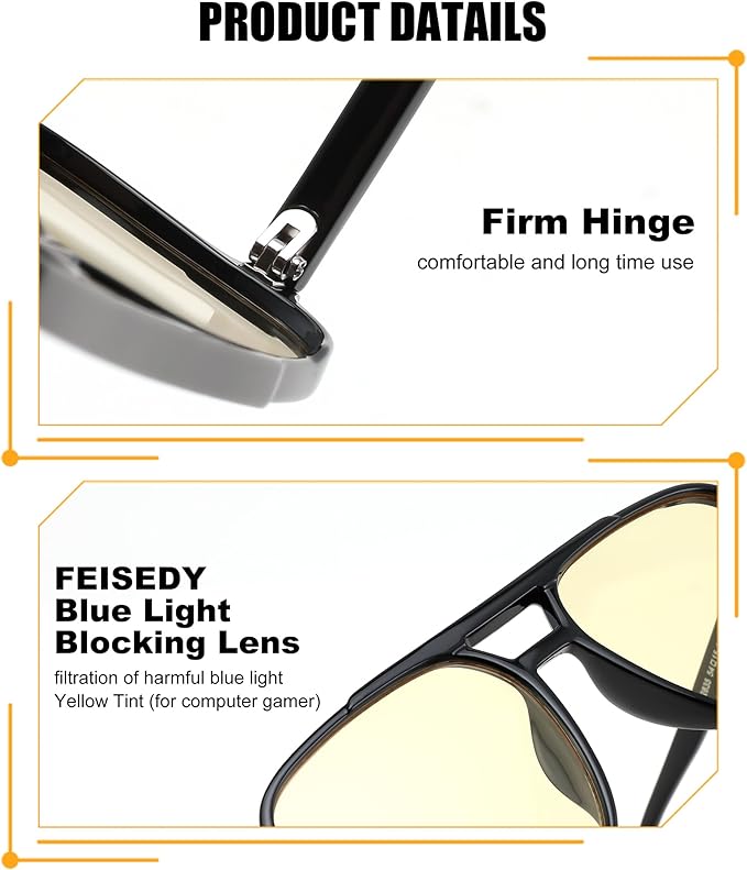 FEISEDY Amber Blue Light Glasses for Computer Gaming Orange/Yellow lens Anti Eyestrain Sleep Glasses G2835