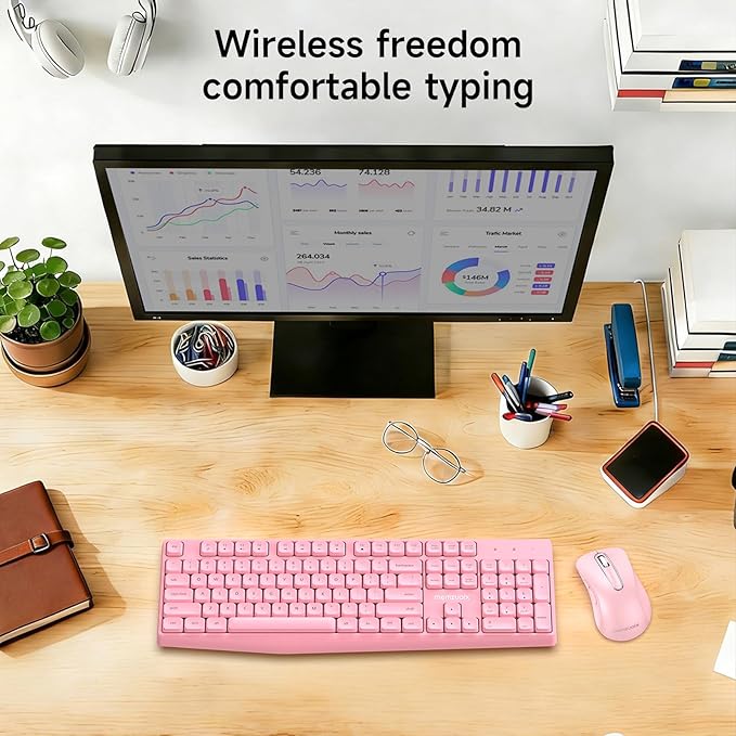 Wireless Keyboard and Mouse Combo, memzuoix 2.4G Full-Size Ergonomic Keyboard Mouse Set, Lag-Free Cordless One USB Receiver for PC, Laptop, Windows, Mac (Pink Keyboard + Pink Mouse)