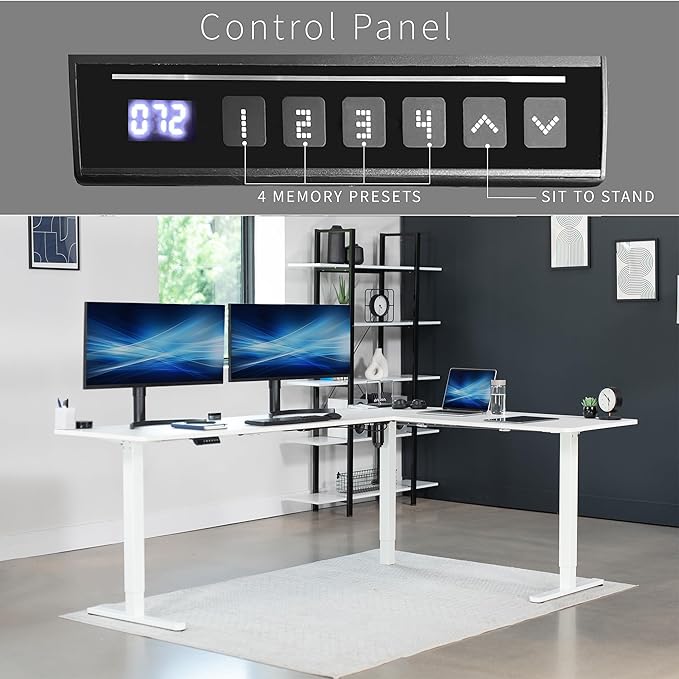 VIVO Corner Standing Desk, 84 x 63 inch Reversible L-Shaped Workstation, Electric Height Adjustment, Home, Office, and Reception Rooms, White Table Top White Frame, DESK-E3CTWW-84