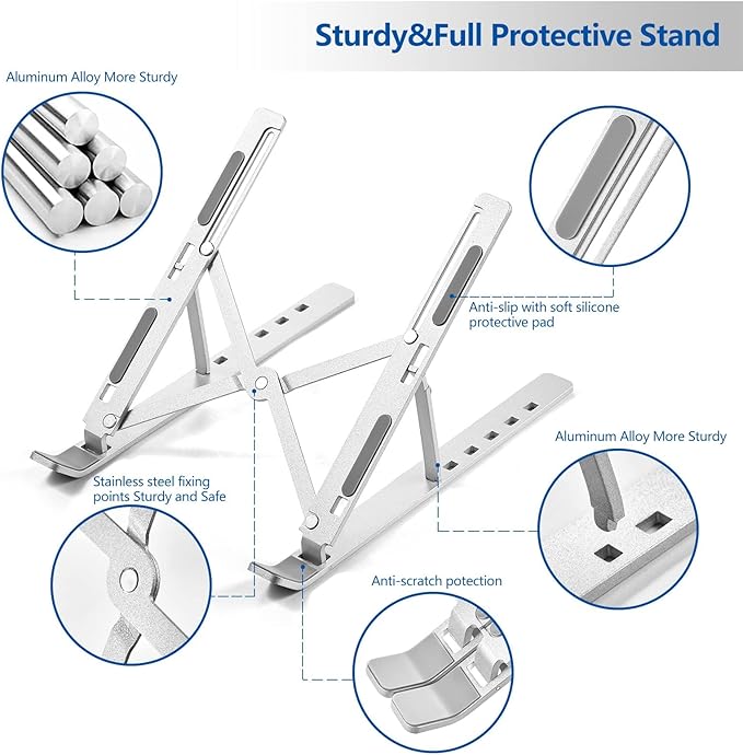 T Legend Aluminum Laptop Stand for Desk, Arae Adjustable Ergonomic Portable Holder, Foldable Computer Stand 6 Angles Anti-Slip Laptop Riser Compatible with 9-15.6 inch Laptops (Aluminum Silver)