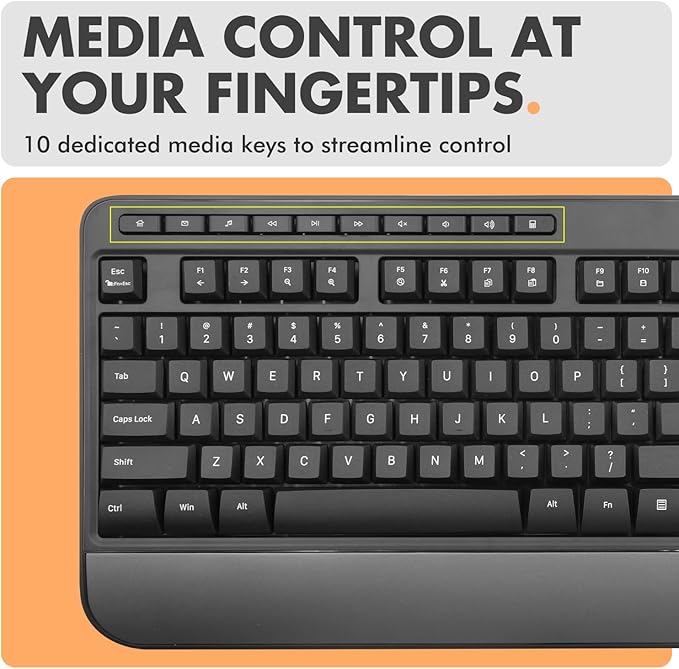 X9 Wired Keyboard - Comfortable Typing - Ergonomic Full Size USB Keyboard with Wrist Rest, Number Pad, Multimedia and 114 Keys - External Computer Keyboard for Laptop, Desktop and Office PC