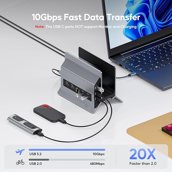 Laptop Docking Station Dual Monitor, 11 in 1 Vertical USB C Dock Stand with 2 HDMI 4K 60Hz, 3 USB A/C 10Gbps, 2 USBA 5Gbps, USB-A 2.0, Ethernet, PD 3.0 Docking Station for Type-C Laptops