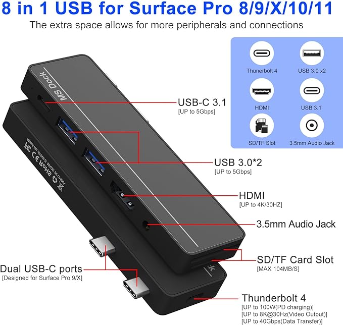 Surface Pro 8/9/X/10 Dongle - Surface Pro 9 Adapter with 4K HDMI, Thunderbolt 4 (8K@30Hz Video+40G Data+100W PD), USB 3.0, SD/TF Reader, 3.5mm Audio Surface Pro 9 Docking Station Hub