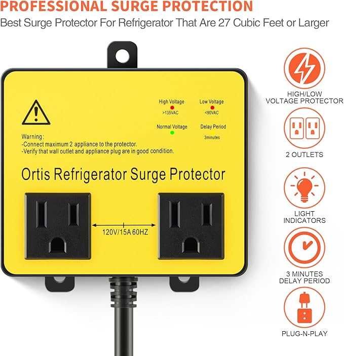Refrigerator Surge Protector, Ortis Double Outlet Voltage Protector for Home Appliances with Time Delay, 5ft Power Cord, Protects Against Brownout, Spike, Instant Surge All Voltage Abnormalities