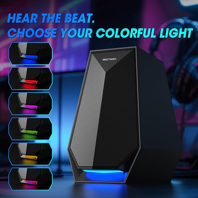 BESTISAN Computer Gaming Speakers for Desktop PC - 30W Powered Monitor Speakers with Bluetooth/AUX/Type-C Connections, 6 Colorful Lights, Compatible with Monitor, Gaming Setup & Laptop