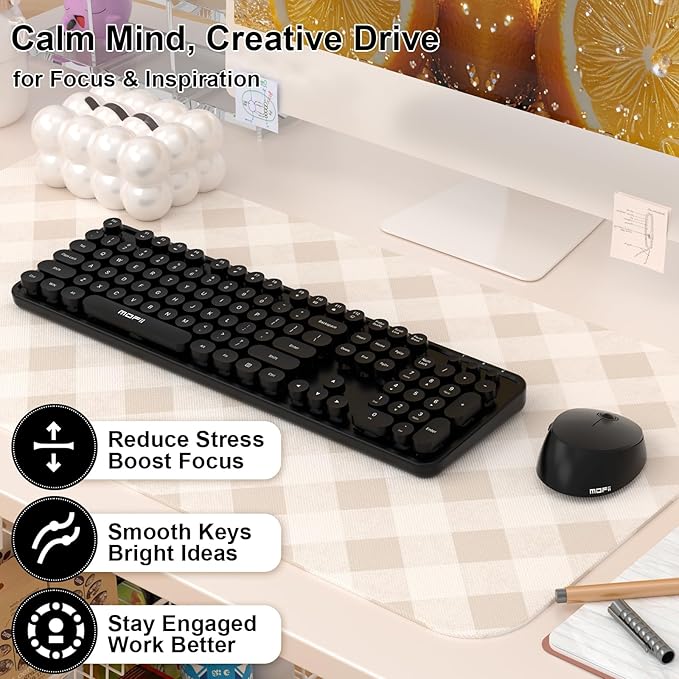 Wireless Keyboard and Mouse Combo, MOFII 104 Keys Full-Size Retro Round Keys Typewriter Keyboards Ergonomic Keyboards and Mouse Wireless for Windows, PC, Laptop, Desktop Black