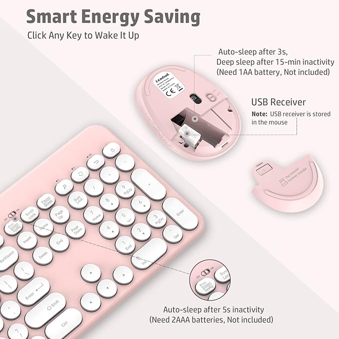 LeadsaiL Pink Wireless Keyboard and Mouse Combo, Full-Sized Ergonomic Computer Keyboard with Phone Tablet Holder, 2.4GHz Silent Cordless Keyboard Mouse Set for Windows Laptop, PC, Desktop