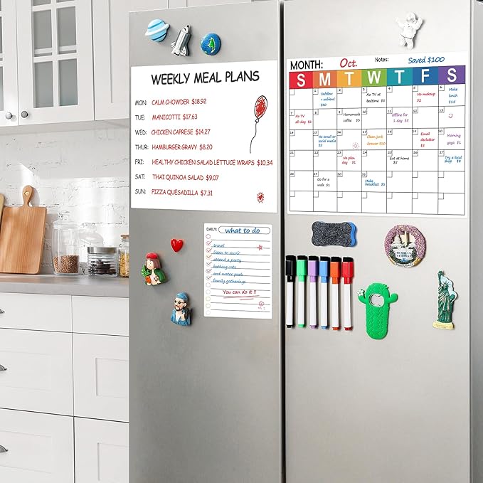 3 Pack Dry Erase Magnetic Calendar for Refrigerator - Monthly & Blank & Daily Planner Magnet Whiteboard for Fridge Wall - Shopping, Meal/Menu, to Do List, Family Schedule Planning Board (9CO-3RIKO)