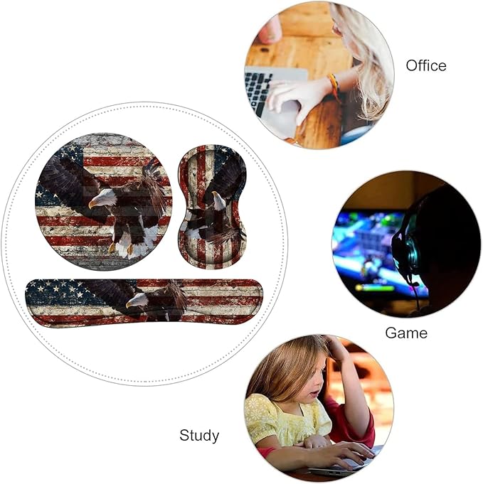 Keyboard Wrist Rest and Mouse Pad Wrist Rest Set with Coasters [4Pcs], Ergonomic Support, Non-Slip Rubber Base for Home OfficeEasy Typing & Pain Relief, Military Wall Graffiti USA Flag Eagle