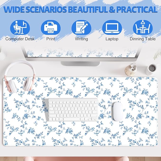Mouse Pad, Cute Cool XXL Large Desk Mat for Desk Cover, Anti-Slip Big Mousepad with Stitched Edges, Keyboard Mat for Computer Desktop Table Protector I Delicate Blue Blossom