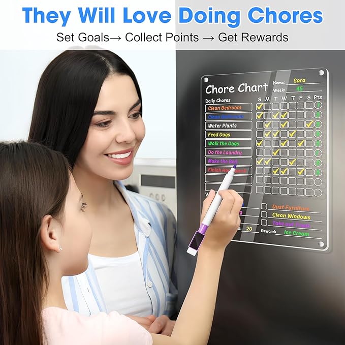 Acrylic Chore Chart Clear Dry Erase Checklist Chore Boars for Family Chores Checklist Reward Chart Responsibility Chart, 12x9'', 2 Boards