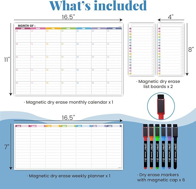 JJPRO Magnetic Dry Erase Monthly Calendar Set for Fridge-Reusable Monthly Calendar,Weekly Planner&Lists for Refrigerator-Starts Sunday-Magnetic Multicolor Monthly Planner Bundle-16.5x11"