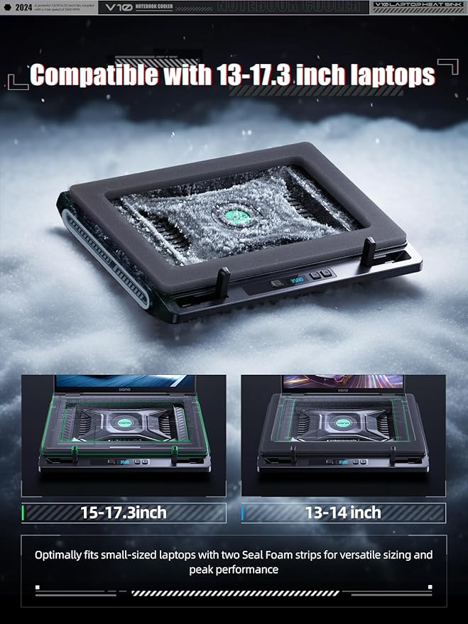 llano Laptop Cooler, Gaming Laptop Cooling Pad with 3500RPM Turbofan, 4.72 Inch External Fan Laptop Stand, Adjustable Variable Speed, Button Control, Seal Foam for Rapid Laptop13-17.3in, V10, Black