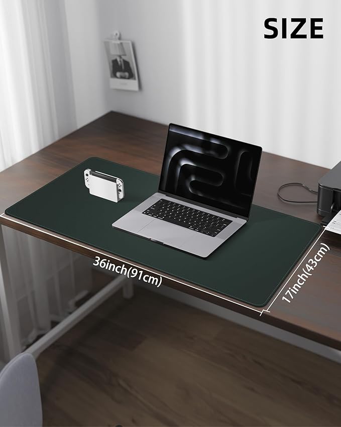 Leather Desk Pad Protector, Large Mouse Pad and Non-Slip Mat, Waterproof PU Leather Blotter Mat for Office and Home (Dark Green, 36" x 17")
