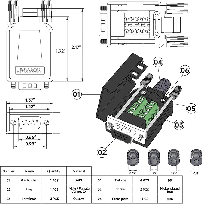 DB9 Breakout Connector, Female 9 pin RS232 connectors, Solderless D-SUB RS485 Serial Adapter Module Board with Screw Terminals, Case, Long Bolts 10 PCS