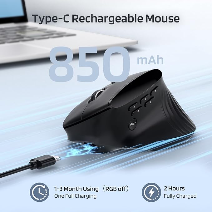 LTC GM051 Wireless Vertical Ergonomic Mouse – 8K DPI Optical, 9 Programmable Buttons (5 Side), Rechargeable 850mAh, Multi-Device Bluetooth/2.4G for Mac, PC, Laptop & Desktop – Black