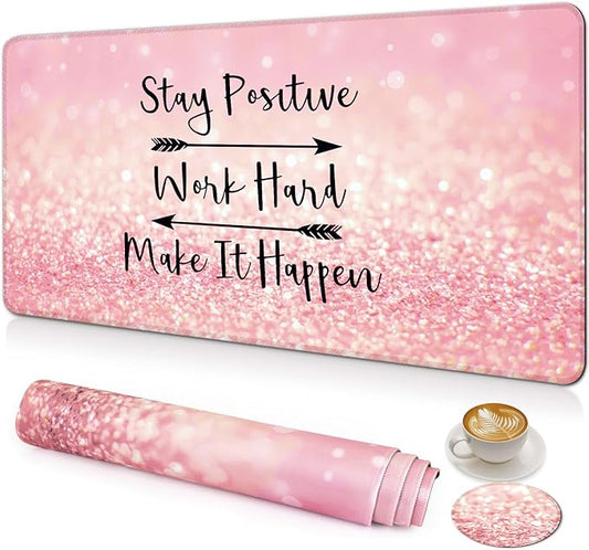 Large Gaming Mouse Pad with Coaster, Desk Matt for Desktop, Desk Pad, Mouse Pads Mat, Stitched Edges Big Extended Mousepad for Computer Keyboard Laptop Office Decor, 31.5'' x15.6''-Pink Words
