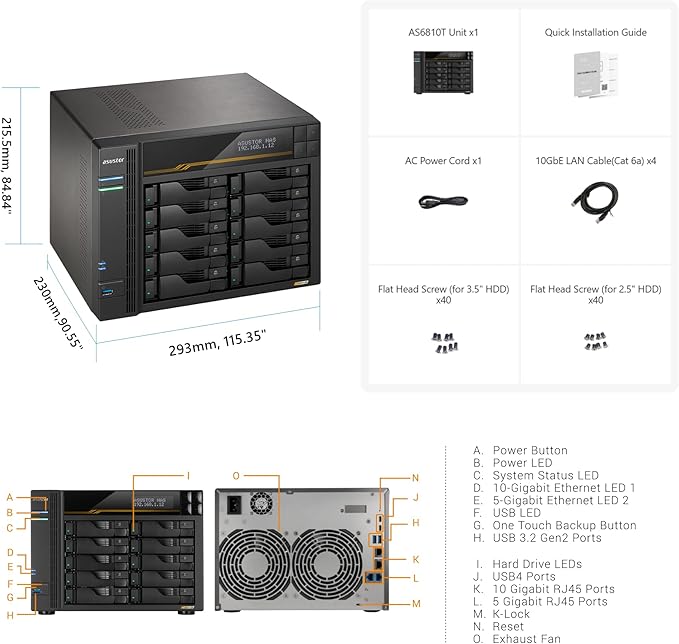 Asustor Lockerstor 10 Gen3 AS6810T 10 Bay NAS, AMD Ryzen Quad-Core 2.3 GHz, 16GB RAM ECC DDR5, 4 M.2 NVMe Slots, Dual 5GbE and Dual 10GbE Port, USB 4.0 Type-C, Network Attached Storage (Diskless)