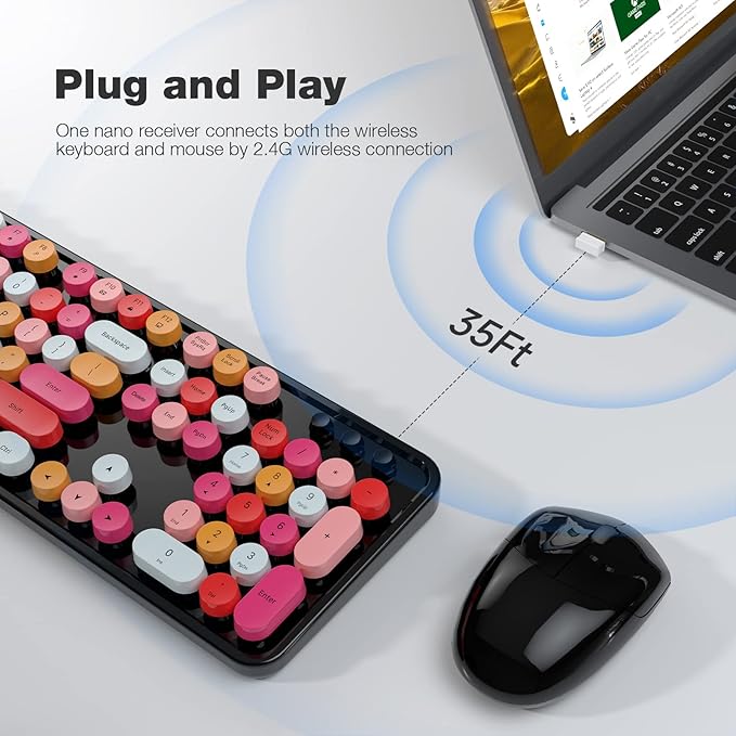 KNOWSQT Wireless Keyboard and Mouse Combo, Black Colorful Retro 2.4GHz Typewriter Keyboard with Cute Round Keycaps, DPI Adjustable Optical Wireless Mouse Compatible with PC Laptop