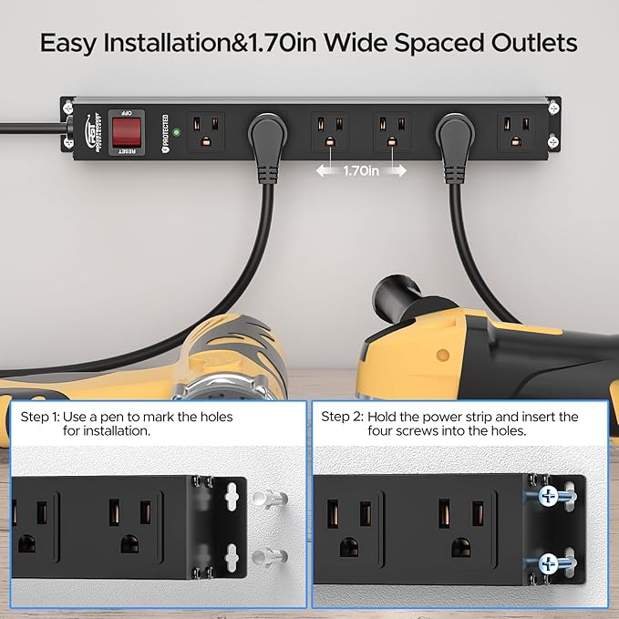 CRST 6 Outlet Heavy Duty Power Strip with Switch, 15A/1875W Metal Mountable Power Strip Surge Protector 2100Joules, 10 FT Wide Spaced Power Bar