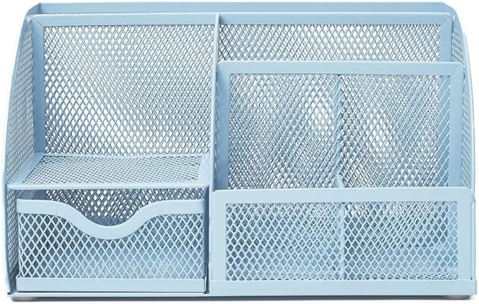 Annova Mesh Desk Organizer Office with 7 Compartments + Drawer/Desk Tidy Candy/Pen Holder/Multifunctional Organizer (New Blue23)