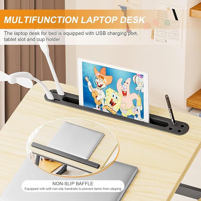 Laptop Desk for Bed, Adjustable Laptop Stand with 5 Different Angles, Portable Lap Tray Table with USB Charge Port and Cup Holder, Laptop Bed Desk Tray for Eating Working Writing (Yellow)