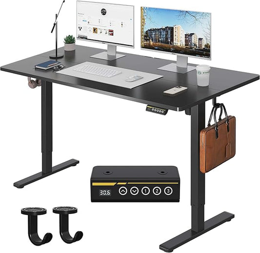 Large Electric Standing Desk,55x28 Inches Adjustable Height Stand up Desk, Sit Stand Home Office Desk, 3 Preset Heights,Equipped with Hooks,Ergonomic Computer Desk Workstation，Black