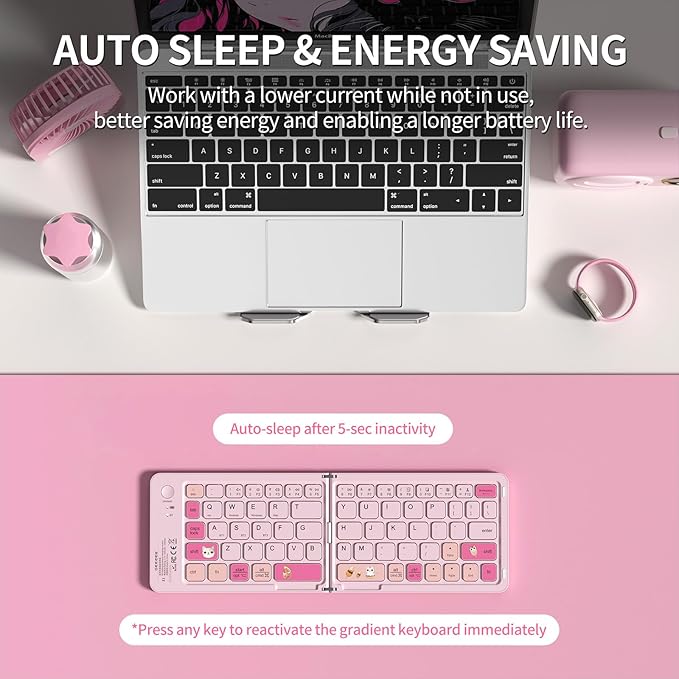 Pink Foldable Mini Bluetooth Keyboard, Portable Compact Wireless Rechargeable Keyboard with 67 Slim Quiet Keys, Cute Pocket-Sized Travel Keyboard for iPad iPhone Android Tablet Mac Windows-Cat Theme