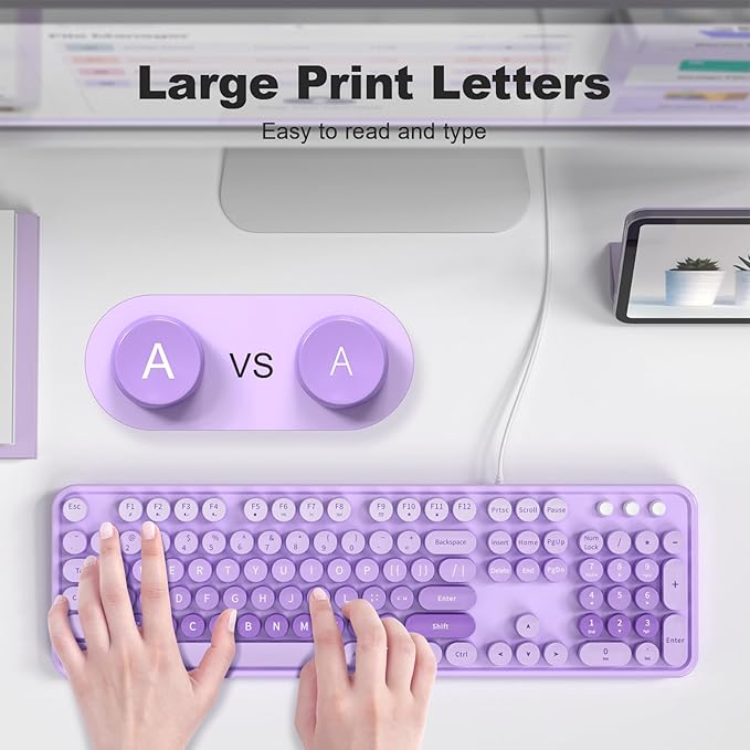 Large Print Keyboard Wired, Full Size Wired Retro Round Keyboard with Foldable Stands, Plug and Play for Laptop and Office PC- Purple Colorful