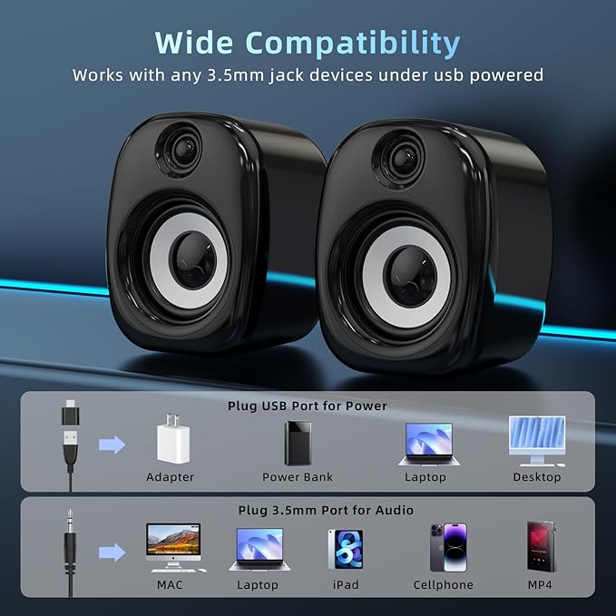 Computer Speakers for Desktop PC,Desktop Gaming Speakers,Small Computer Speakers USB Powered 3.5mm Aux Speaker for PC,Laptop,Tablet,Monitor,Phone, Black