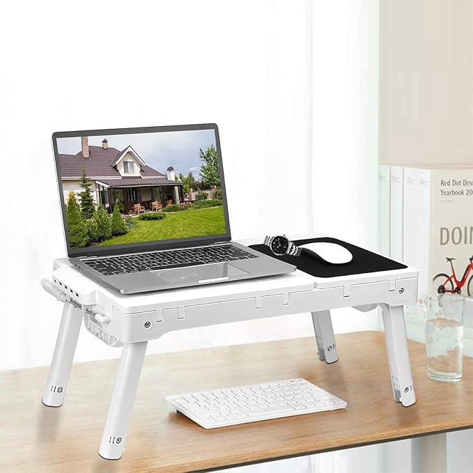 iMountek Laptop Table Bed Notebook Desk-Multi-Functional Laptop Bed Table Tray with Internal Cooling Fan, Laptop Desks with LED Light, 4 USB Ports, Storage, Mouse Pad (white)