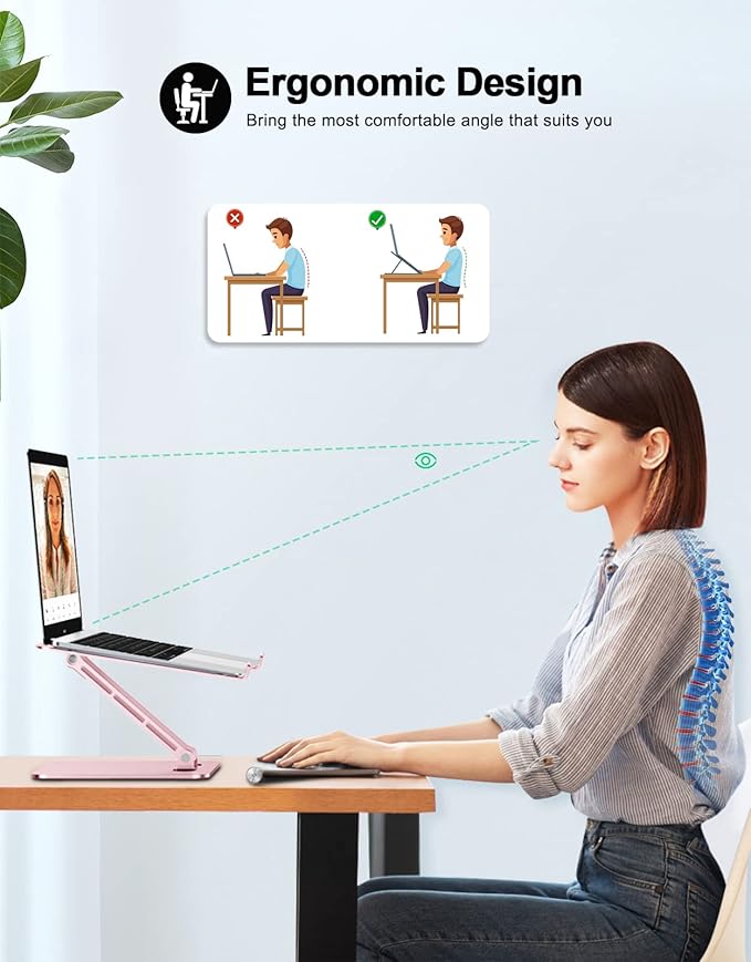 Foldable Laptop Stand, Height Adjustable Ergonomic Computer Stand for Desk, Aluminum Portable Laptop Riser Holder Notebook Mount Compatible with MacBook Pro Air, HP, Dell 10-16"(Rose Gold)