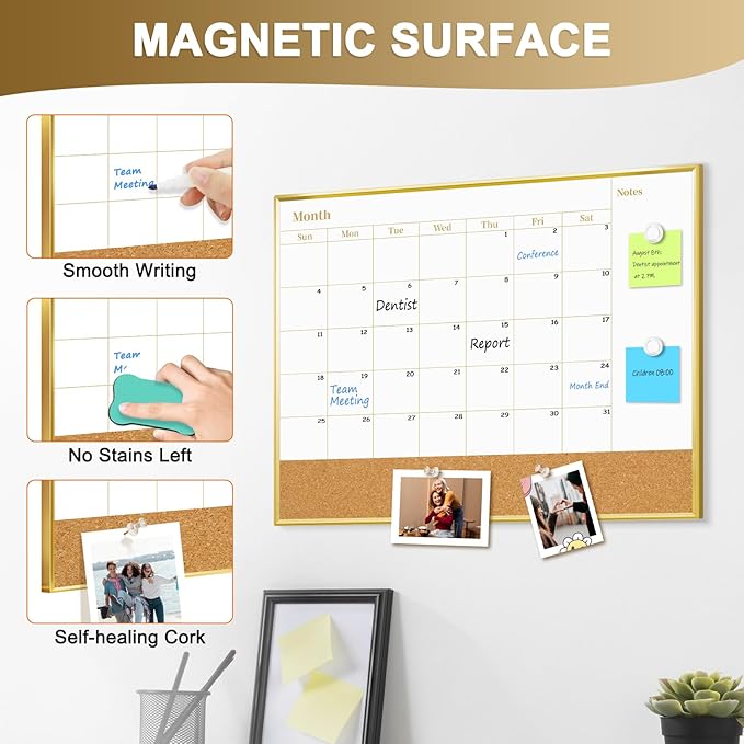 Small Dry Erase Calendar Whiteboard and Cork Board Combo, 16'' x 12'' Monthly White Board with Gold Aluminum Frame, Portable Calendar Board for Home Office School