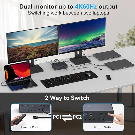 USB C KVM Switch 2 Monitors 3 Computers Docking Station 4K60Hz for M1 M2 M3 M4 Thunderbolt KVM with Displaylink Support USB3.0/USB C in DP/HDMI Out Extended/Mirrored Mode for Windows Mac