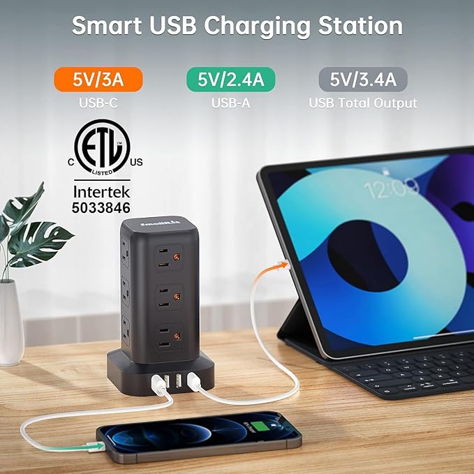 Extension Cord with Multiple Outlets, SMALLRT Surge Protector Power Strip Tower, Outlet Extender with 12 AC Outlets 4 USB, 6.5FT Extension Cord for Home Dorm Room, Office Supplies,Overload Protection
