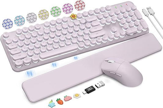 Wireless Keyboard and Mouse Backlit - Typewriter Keyboard with Magnetic Wrist Rest, Retro Round Keycaps, Light Up Letters, 2.4GHz Cordless Combo for Mac, Windows, PC, Laptop, Trueque（Dusty Lavender）