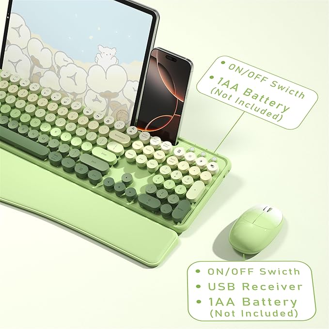 Colorful Wireless Computer Keyboard and Mouse Combo with Phone Holder, Wrist Rest, Typewriter Keys, 2.4GHz Wireless, Full-Sized Optical Mouse for PC and Laptop(Green Colorful)