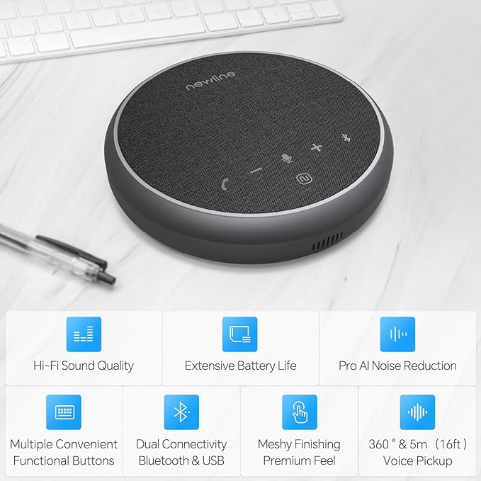 N newline Conference Speaker and Microphone, 2 Mics 360° Voice Pickup, AI Noise Reduction & Clear Calls, USB & Bluetooth Speakerphone, Up to 12H Call Time, for Small-to-Mid Meetings & Home Office