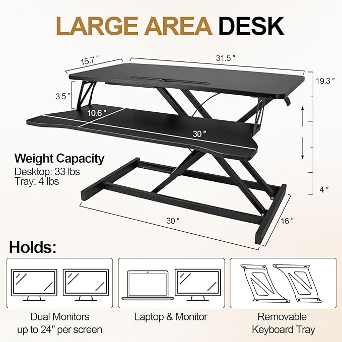 Standing Desk Converter 32” Height Adjustable Sit to Stand Up Desk Riser with Keyboard Tray for Home or Office, Dual Monitor and Computer Workstation Wide 2-Tier Desktop, Black
