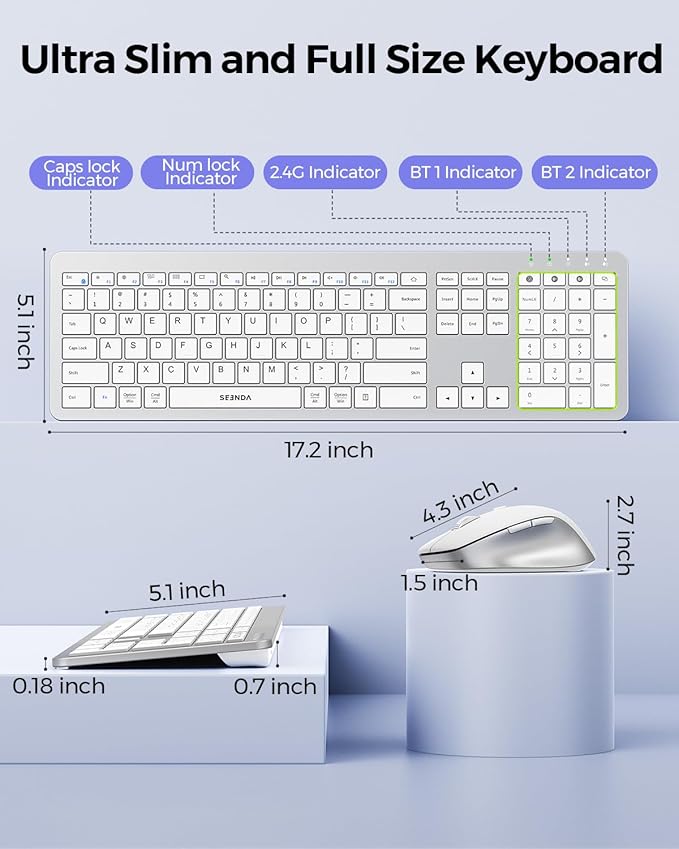 seenda Bluetooth Keyboard and Mouse, COE300 Wireless Keyboard Mouse Combo, 3 Multi-Device Connection Full Size Ultra-Slim Keyboard with Number Pad for Windows/Mac,White & Silver