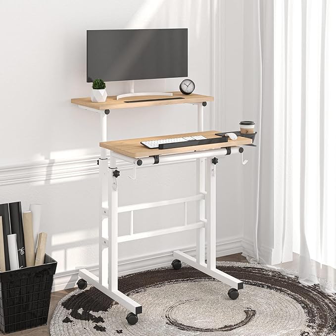 Klvied Mobile Standing Desk with Removable Cup Holder, Portable and Easy to Move, Ideal for Home or Office, Khaki