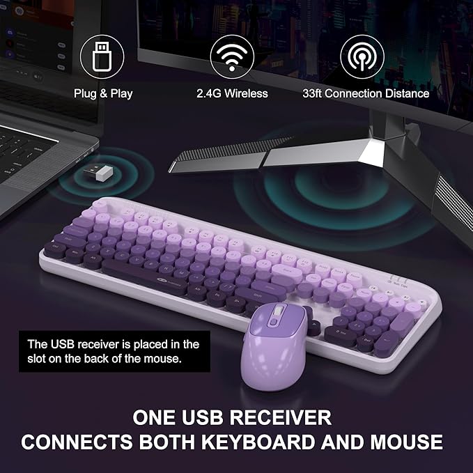 MageGee V920 Wireless Keyboard and Mouse Combo, 2.4G Full-Sized Retro Typewriter Keyboard with Round Keycaps & Auto-Sleep Mode, Cute Computer Keyboard and Cordless Optical Mouse for Laptop/PC (Purple)