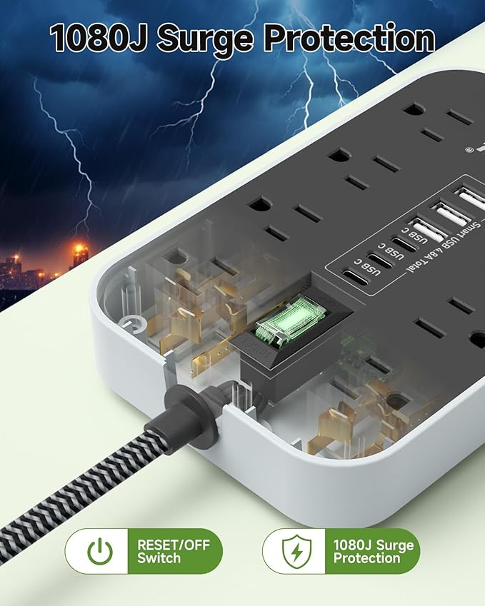 15FT Extension Cord- Power Strip Surge Protector with 8 AC Outlet & 6 USB Charging Block（3 USBC, Ultra Thin Flat Extension Cord 15 feet,1080 J Surge Protection for Home,Office, Desk Essentials.