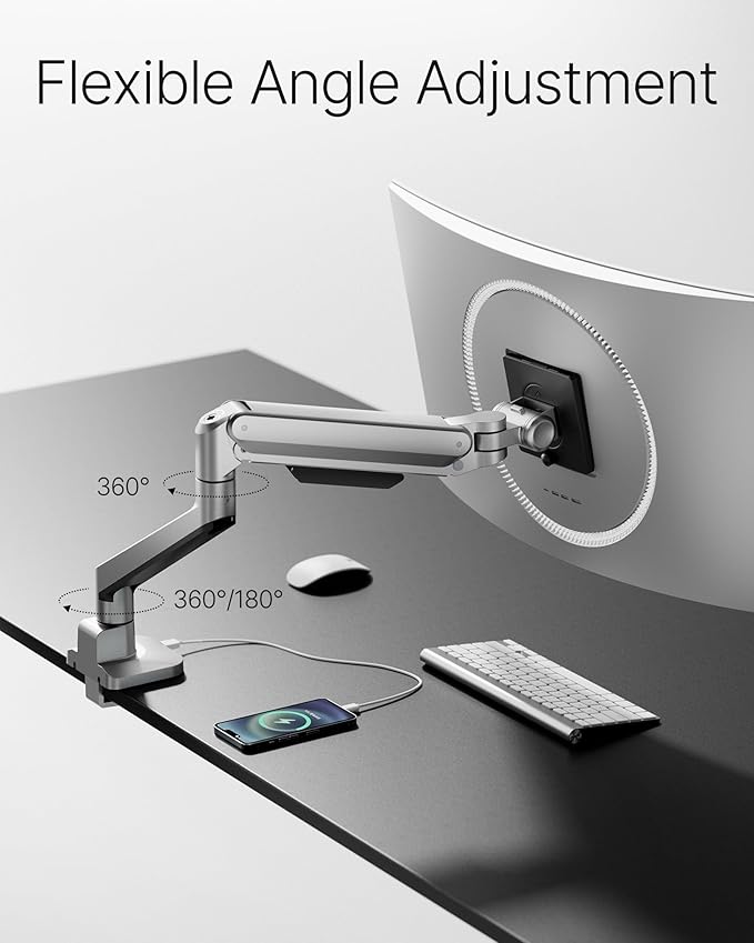 monTEK Deluxe Aluminum Monitor Arm with USB A/C for 17 to 40 Inch Curved Screens Fully Adjustable Single Monitor Arm with Clamp/Grommet, Quick Release Plate, Cable Management, VESA 75/100