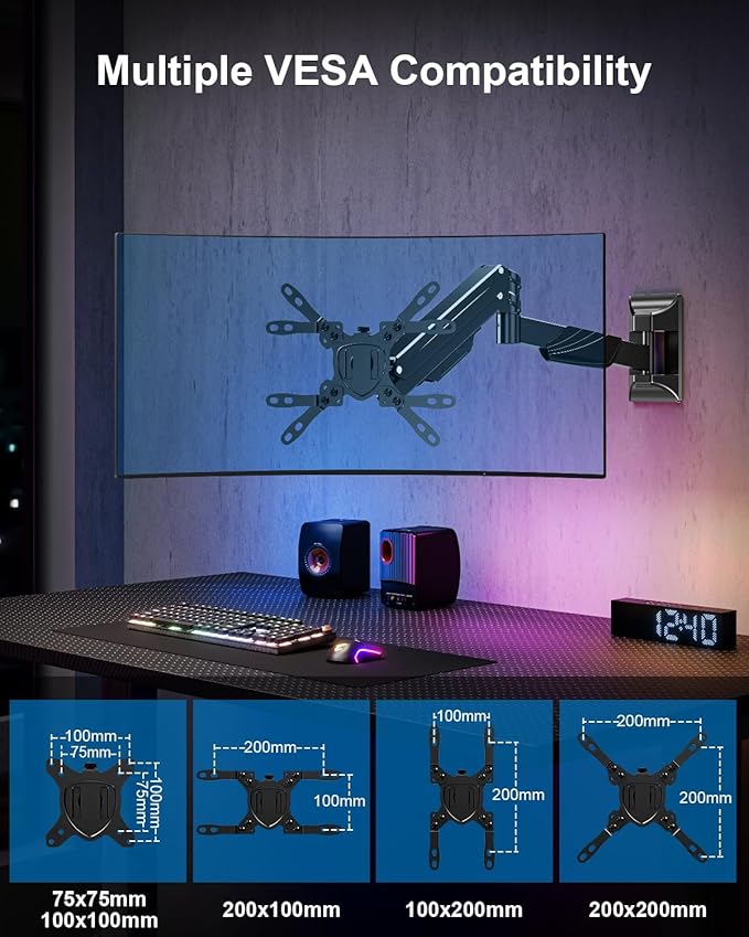 Monitor Wall Mount for Max 43", Premium Single Wall Monitor Mount Holds up to 33.1lbs Ultrawide Computer Screen, Height Adjustable Full Motion Gas Spring Vesa Wall Mount, Max 200x200mm