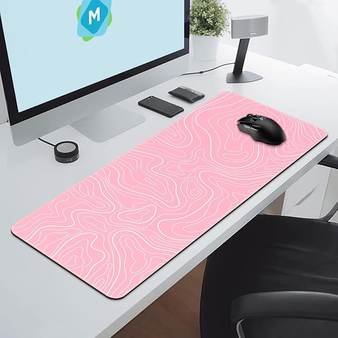 Gaming Mouse Pad 31.5 x 11.8in Large Mouse Pad with Anti-Slip Rubber Base（Pink with White Topographic Line）