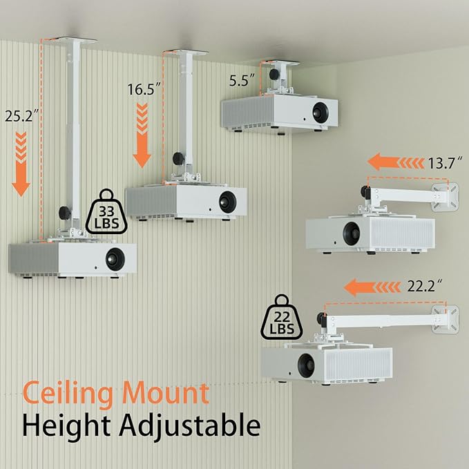 JOY worker Universal Projector Ceiling Mount Wall Bracket Holder Fits Flat or Sloped Ceiling Height Adjustable with Extendable Arms for Home and Office Projector, White