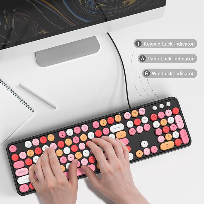 Computer Keyboard Wired, Plug and Play USB Retro Round Typewriter Keyboard, Full Size Wired Keyboard with Foldable Stands for Laptop and Office PC- Black Colorful